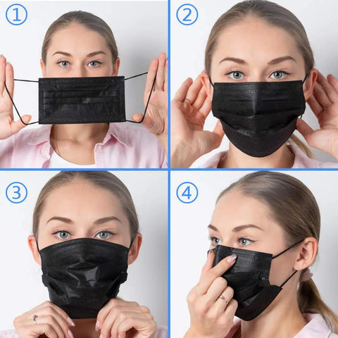 Black Disposable Face Mask With 3 Layer Design For Protection And Breathability Adjustable Nose Bridge And Elastic Ear Loops For Comfy Everyday Wear And All Day Comfort