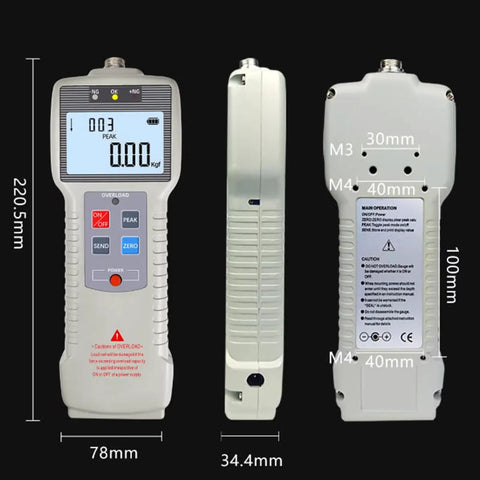 Portable Digital Force Gauge With Split Pulley Sensor For Rope Tension Testing, Wire And Belt Tension Meter, Auto Backlit LCD, Rechargeable, Three Unit Modes N Lb Kg, Resolution 0.001 Kg And 0.01 N, Range 50N To 2000N, front side view