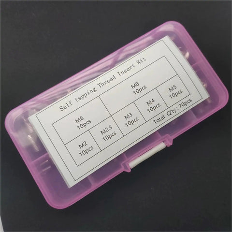Pink case of 70 Piece Stainless Steel Self Tapping Thread Insert Repair Kit And Screw Bushing Set with size chart visible
