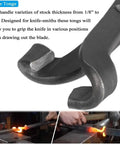 Close-up of Beefy Forging Blade Tongs Set For Knife Making And Blacksmith Tools Three Pack With V Bit Jaws holding hot metal.