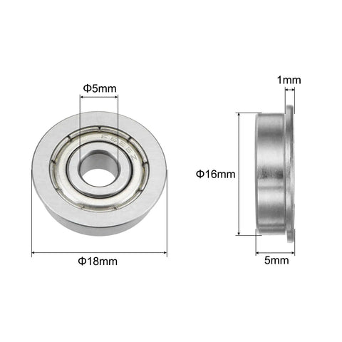 Flanged Ball Bearing 5x16x5mm Double Shield Chrome Steel F625ZZ Built To Last With 18mm Flange Diameter 1mm Flange Thick 20 Pack shown front and side