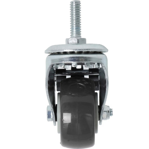 Front view of Heavy Duty Workhorse 2 Inch Threaded Swivel Caster with Brakes for wire shelving, polyurethane wheel visible.