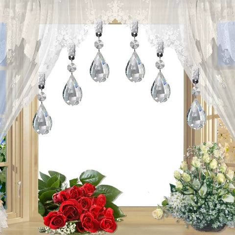 Marquise Crystal Teardrop Tablecloth Weights With 10 Piece Stainless Clip Kit for Outdoor Picnics hanging on window frame