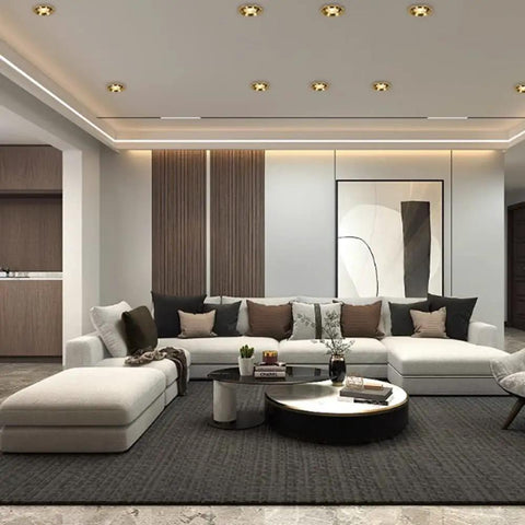 Top Shelf 3 Inch 7W Brass LED Recessed Spotlights With A Slick Baffle Trim And Fully Adjustable Eyeball Heads Heavy Duty Copper Core For Seamless Home Retrofit Lighting Sets Of Ten Warm White in a modern living room.