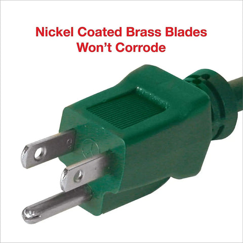 Nickel coated brass blades of Blue 50 Foot 16 Gauge 3 Prong Grounded Extension Cord With Abrasion Resistant Jacket Water Repellent Shield And Flame Retardant Safety For Outdoor And Indoor Use Rugged Heavy Duty