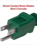 Close-up of nickel-coated brass blades on the Heavy Duty 16 Gauge 3 Prong Extension Cord With Lighted Locking Connector Black 40 Ft Outdoor