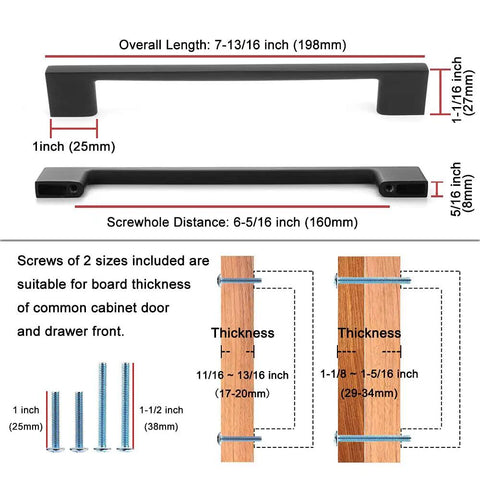 Diagram of 20 Pack Six And A Quarter Inch Matte Black Cabinet Pulls Set with dimensions and screw specifications.