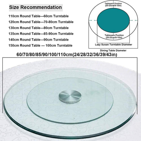 Size recommendation chart for Large 43 Inch Lazy Susan Tempered Glass Turntable For Dining Table, showing various table sizes.
