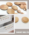 100 Pcs Wooden Hole Plugs Set for Furniture Screw Holes Covers shown on cabinet drawers