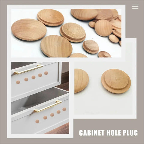 100 Pcs Wooden Hole Plugs Set for Furniture Screw Holes Covers shown on cabinet drawers