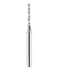 SpeTool extra-long spiral router bit, front view; 1/8 in cutting diameter, 1/4 in shank, 3 in OAL