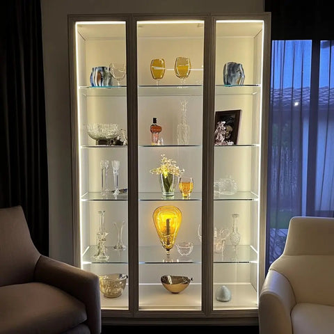 Illuminated display cabinet with Old School Edison Style T10 Tubular Light Bulbs 25W 120V E26 Base Clear Warm White Dimmable Vintage.