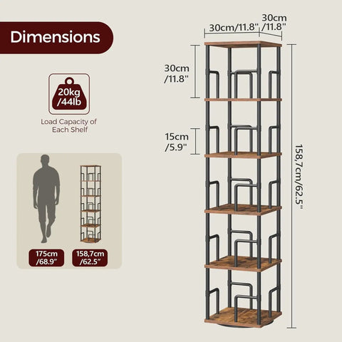 Solid Five Tier Freestanding Swivel Corner Bookshelf With Slick 360 Spin Rustic Industrial Storage Rack dimensions showing height and shelf measurements