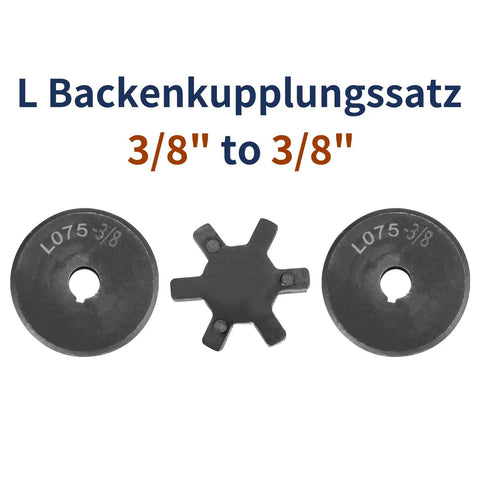 Flexible Three Eighths Inch Bore L Jaw Coupling Set With Buna N NBR Rubber Spider For Log Splitter And Hybrid Gear Includes Keyways And Set Screws HT250 High Strength Metal showing components