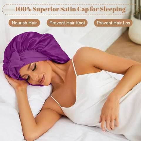 Woman sleeping in silky satin sleep bonnet with adjustable straps for women ultra comfortable and skin friendly no slip fit