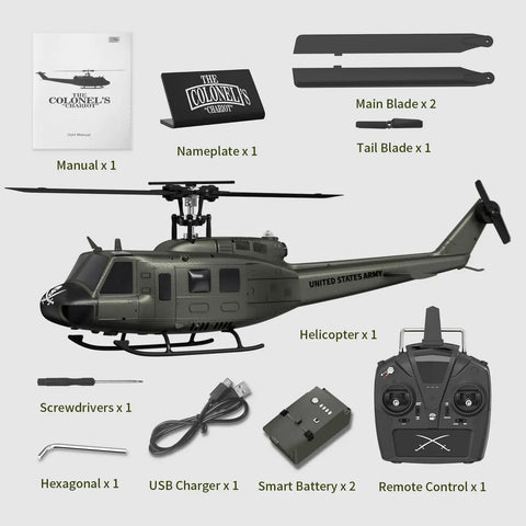 UH-1 Huey RC Helicopter With Auto Hover Dope Collectible 1/27 Scale Desk Model kit with accessories including charger and manual