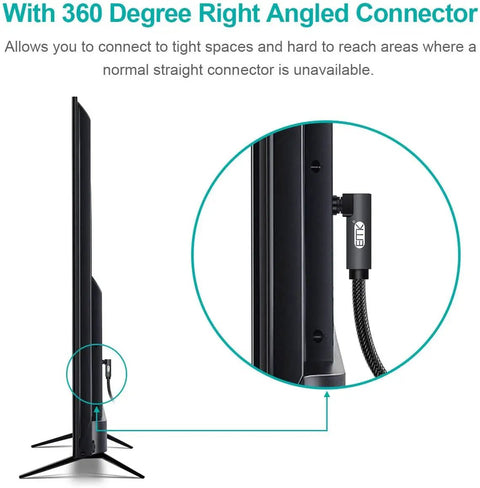 Buttery Smooth 90 Degree Angled Toslink Optical Cable No Stress Install Rock Solid Clean Signal Transfer SPDIF Male To Male Connector For Gaming Consoles Soundbars Smart TVs And Home Theater Sets Grey connecting to a TV.