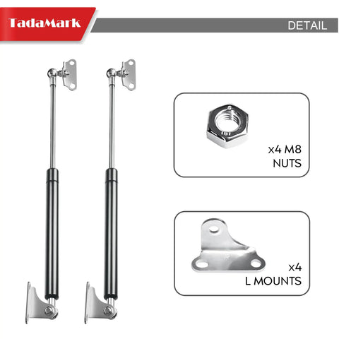 Rugged Gas Struts With Mounting Brackets 17 Inch Lift Supports for Toolboxes showing two struts and mounting hardware.