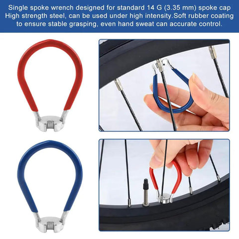 Red and blue spoke wrenches in use on a bicycle wheel from the Eight Piece Bike Spoke Wrench Tool Kit For Rim Truing And Tire Levers