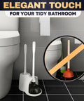 Premium Heavy Duty Toilet Plunger And Brush Set With Sleek Storage Stand next to toilet in modern bathroom.
