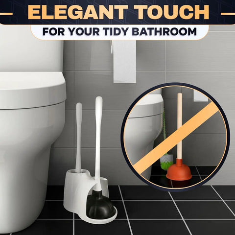 Premium Heavy Duty Toilet Plunger And Brush Set With Sleek Storage Stand next to toilet in modern bathroom.