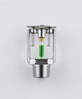 Concealed Pendent Fire Sprinkler Head With Decorative Cover Plate Dn15 Size showing green glass bulb trigger and brass frame.