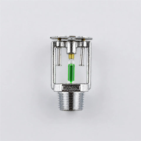 Concealed Pendent Fire Sprinkler Head With Decorative Cover Plate Dn15 Size showing green glass bulb trigger and brass frame.