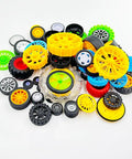 Assorted 56 Piece RC Car Wheel Set with rubber and plastic tires, metal shaft axles, various sizes, for DIY model builds.