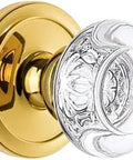 Circular Rosette Passage Door Set With Bordeaux Crystal Knob In Polished Brass 2.75 Inch Backset No Locking Interior Hardware