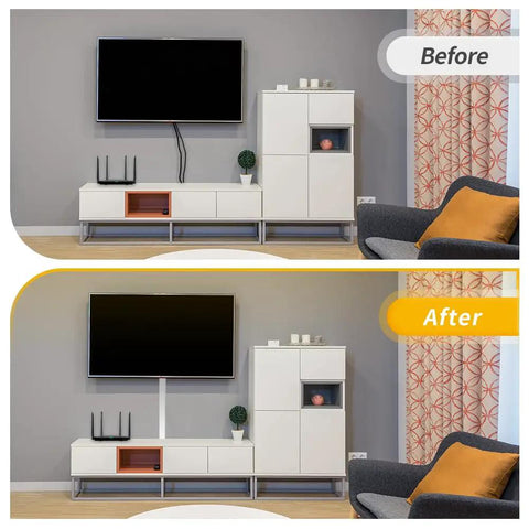 Living room before and after using Open Slot Cable Management Kit for Under Desk Setup 139 Inch Cable Raceway With Upgraded Snap Structure.