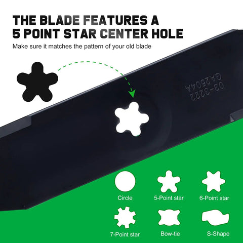 Close-up of a mower blade with 5-point star center hole for Mower Blades For Husqvarna 48 Inch Deck Zero Turn Riding Mower Z248F YTH Series Replacement Beefy High Lift Sixteen Five Eighths Inch Fits MPN 588811002 532180054.