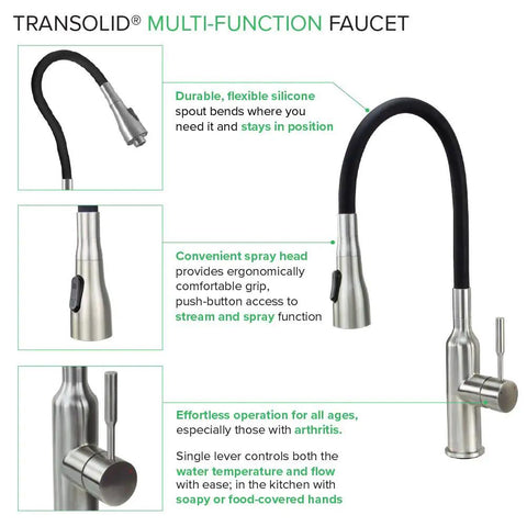 PF7509A Dual Spray Kitchen And Laundry Faucet With Flexible Neck Deck Mount Black Finish showcases flexible silicone spout