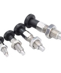 Heavy Duty Stainless Steel Index Plunger Pin M20 Spring Loaded Knob, assorted sizes with black knobs for secure locking.