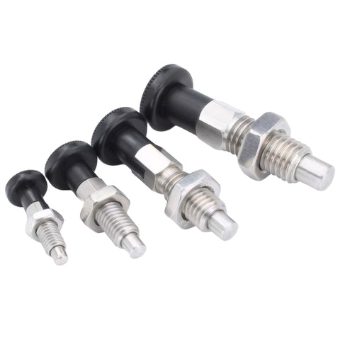 Heavy Duty Stainless Steel Index Plunger Pin M20 Spring Loaded Knob, assorted sizes with black knobs for secure locking.