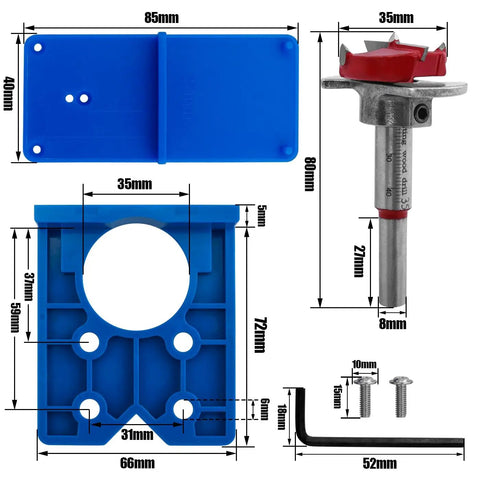 Components of Beast 35mm Concealed Hinge Jig Kit For Cabinet Doors And Cupboards Hinge Hole Drill Guide With 35mm Forstner Bit
