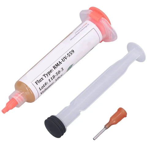 10cc Solder Flux Paste RMA-UV-559 syringe with needle, perfect for tinning sensors, wires, tubes, BGA chips; high insulation resistance
