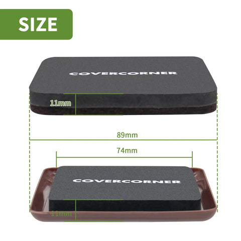 Side view of Eight Piece Square Furniture Sliders Pack for Hardwood Floors and Carpet, with dimensions and brown color shown.