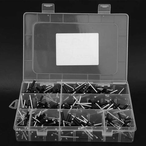 Open box displaying 200 Piece Black Blind Rivet Kit High Strength Round Head Assortment Durable Finish Rust Resistant
