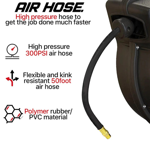 Retractable Air Hose Reel With Three Eighths Inch By Fifty Foot Pro Grade Hybrid Polymer Hose Up To 300 PSI Heavy Duty Polypropylene Construction