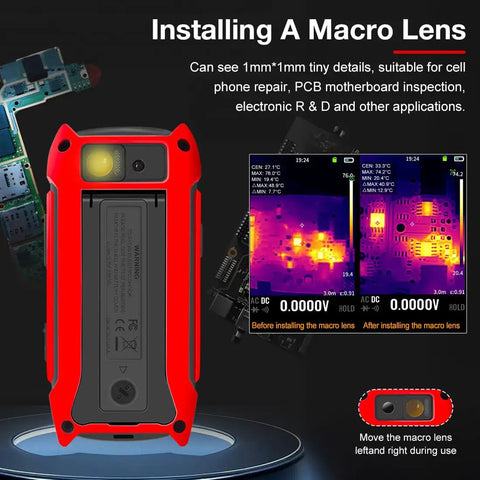 Back view of 2 In 1 Thermal Imaging And Multimeter Camera with 256x192 infrared sensor, showing macro lens installation instructions.