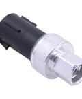AC Pressure Switch Sensor For Ford Rides And Rigs Including Crown Victoria Edge Escape Expedition Explorer F150 Fiesta Flex Focus Freestar Freestyle Mustang Ranger Windstar And More, black and silver metal sensor, side view.