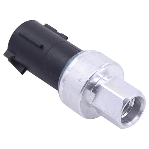 AC Pressure Switch Sensor For Ford Rides And Rigs Including Crown Victoria Edge Escape Expedition Explorer F150 Fiesta Flex Focus Freestar Freestyle Mustang Ranger Windstar And More, black and silver metal sensor, side view.