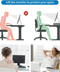 Illustration showing correct and incorrect monitor heights, highlighting benefits of Ergonomic Computer Monitor Stand Riser With Drawers And Tray.