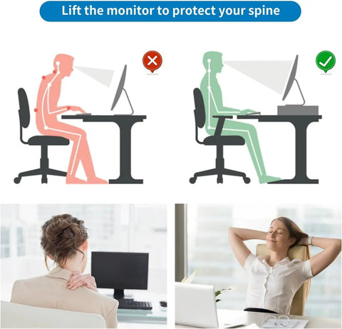 Illustration showing correct and incorrect monitor heights, highlighting benefits of Ergonomic Computer Monitor Stand Riser With Drawers And Tray.