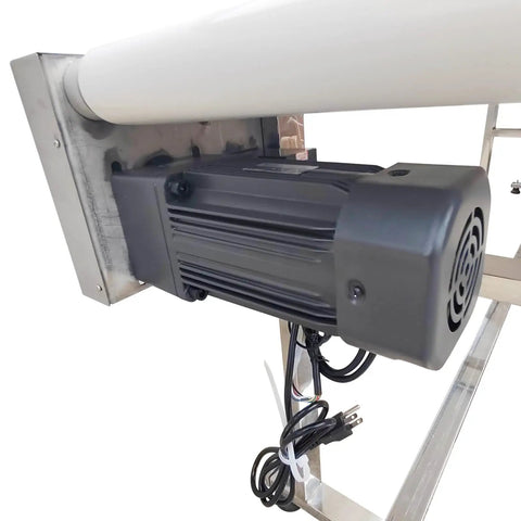 Close-up of motor on Electric PVC Belt Conveyor With Adjustable Speed Desktop Industrial Transport Unit Stainless Steel Frame
