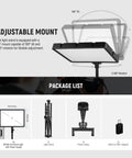Two Pack Bi Color LED Video Lights With 59 Inch Tripod Stands And Phone Holders, adjustable mount and package contents