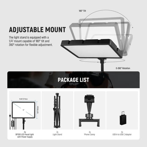 Two Pack Bi Color LED Video Lights With 59 Inch Tripod Stands And Phone Holders, adjustable mount and package contents