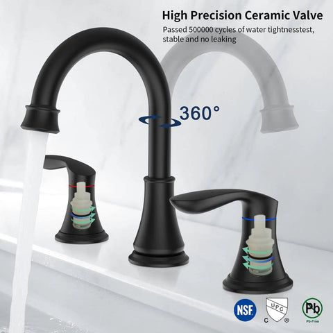 Two-Handle Eight Inch Widespread Bathroom Sink Faucet Matte Black Lavatory Faucet Three Hole 360 Degree Swivel Spout Vanity