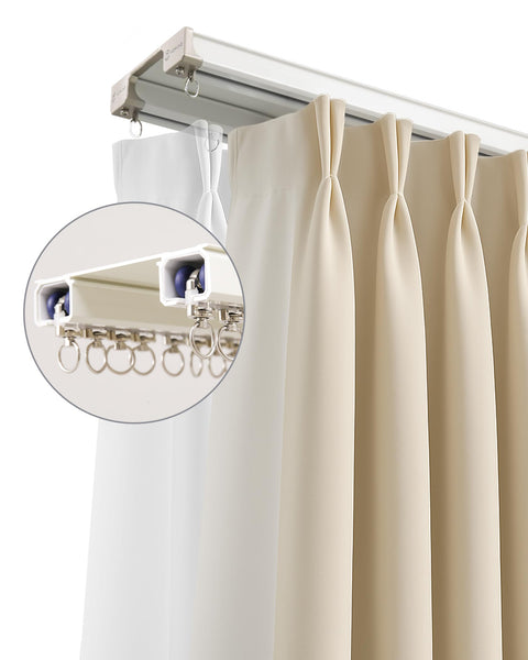 Dual Track Ceiling And Wall Curtain System, Heavy Duty Double Rails With Silent Slides For Room Dividers, 8ft To 10ft Length, Includes Hooks Clips Brackets, White mounted with sheer and blackout curtains