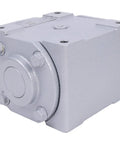 Holdia 40 HP right-angle bevel gearbox, front view, gray housing, 2 keyed shafts CW/CW, 1:1, 1800 Max RPM